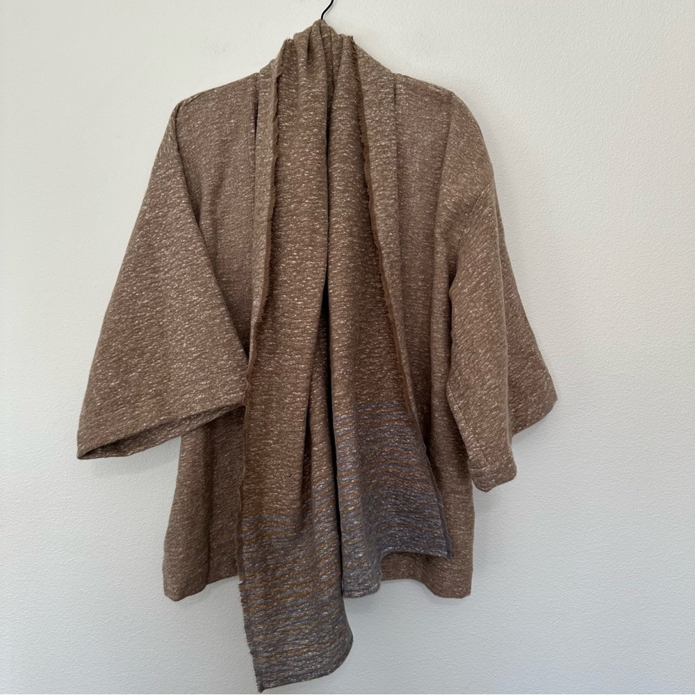 Universal thread tan and blue striped fleece wrap cardigan sweater one size